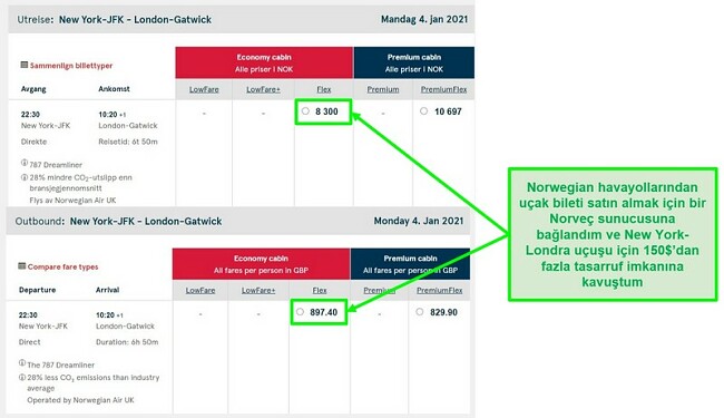 Norve&ccedil; ve İngiltere'deki sunuculara bağlıyken farklılıkları g&ouml;steren New York-Londra u&ccedil;uşlarının fiyat karşılaştırması