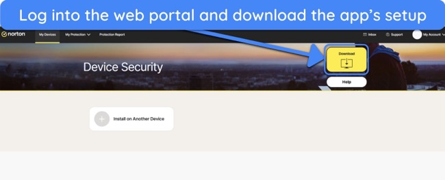 Screenshot showing how to download Norton's setup from the web portal