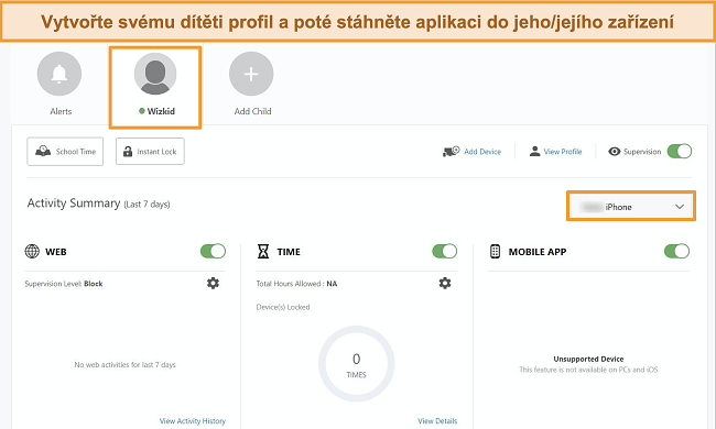 Screenshot port&aacute;lu Norton Family Portal s vytvořen&yacute;m podř&iacute;zen&yacute;m profilem.