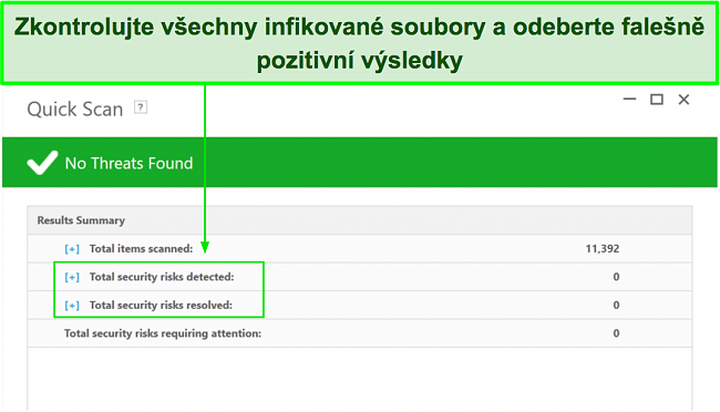 Sn&iacute;mek obrazovky, kde zkontrolovat seznam infikovan&yacute;ch souborů po &uacute;pln&eacute; kontrole