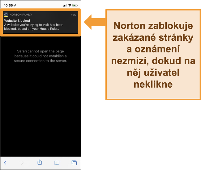 Screenshot antiviru Norton s rodičovskou kontrolou aktivovanou na iPhone a blokuj&iacute;c&iacute; zak&aacute;zan&eacute; weby