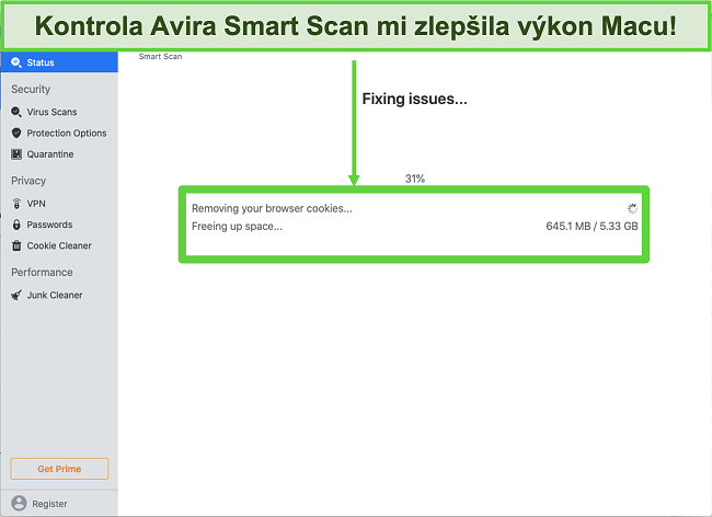Screenshot z Avira Smart Scan běž&iacute;c&iacute;ho na Macu