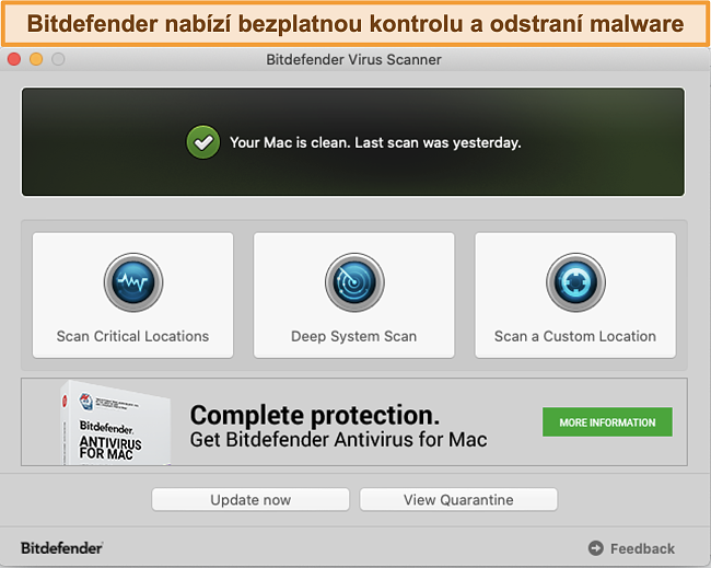 Screenshot ř&iacute;dic&iacute;ho panelu aplikace Bitdefender na Macu