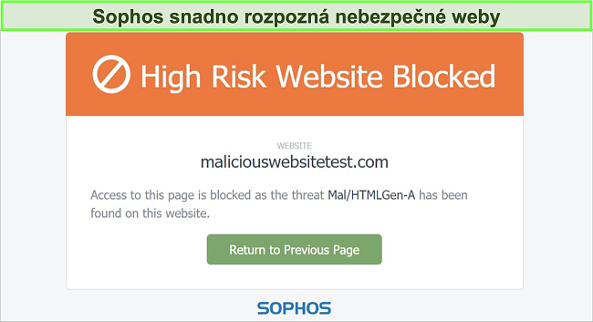Screenshot Sophos Web Protection blokuj&iacute;c&iacute; vysoce rizikov&yacute; web
