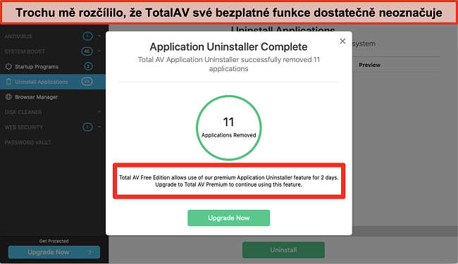 Screenshot pokusu o dal&scaron;&iacute; prodej aplikace TotalAV Application Uninstaller