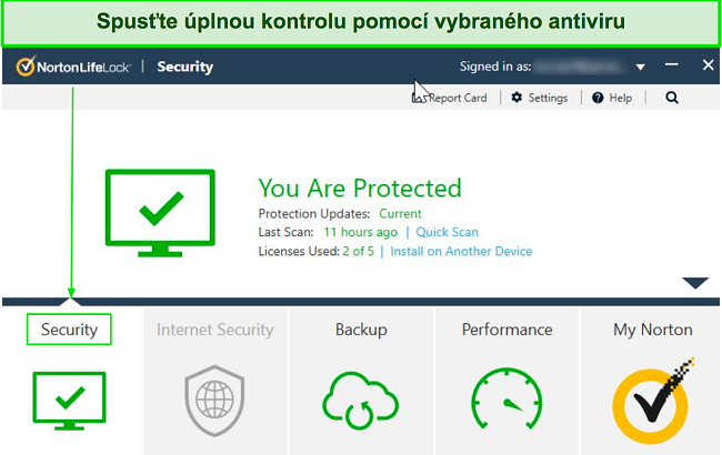 Sn&iacute;mek obrazovky hlavn&iacute;ho ř&iacute;dic&iacute;ho panelu Norton