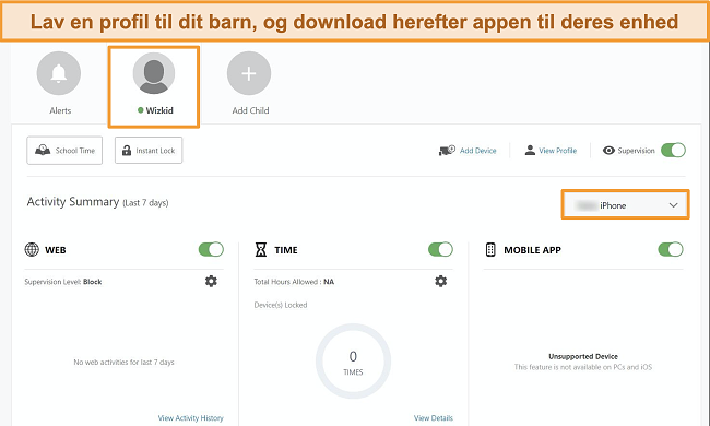 Sk&aelig;rmbillede af Norton Family Portal med en barneprofil oprettet.
