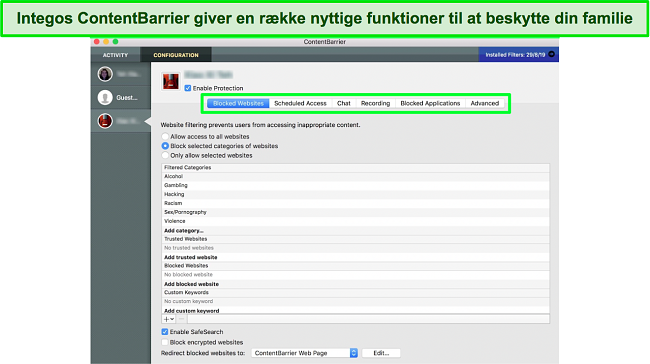 Sk&aelig;rmbillede af Integos ContentBarrier-kontrolpanel for for&aelig;ldrekontrol