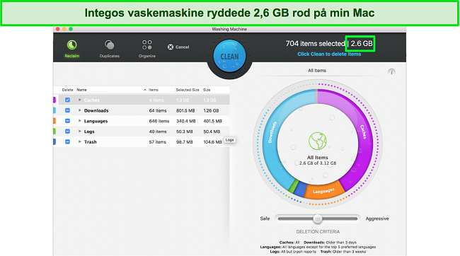 Sk&aelig;rmbillede af Integos vaskemaskine Mac-optimeringsv&aelig;rkt&oslash;js dashboard