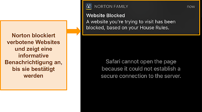 Screenshot mit Hervorhebung der Benachrichtigung von Norton beim Versuch, auf eine Website zuzugreifen, die durch die Kindersicherung eingeschr&auml;nkt ist.