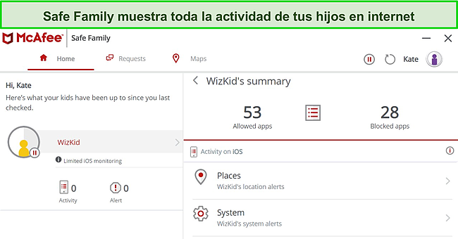 Captura de pantalla de la aplicaci&oacute;n Safe Family de McAfee que muestra el panel y las funciones.