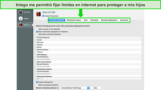 Captura de pantalla de la aplicaci&oacute;n Safe Family de McAfee que muestra el panel y las funciones.