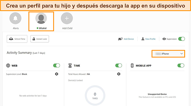 Captura de pantalla del panel Controles parentales de Norton, resaltando el perfil del ni&ntilde;o y el dispositivo en el que se han descargado los controles parentales.