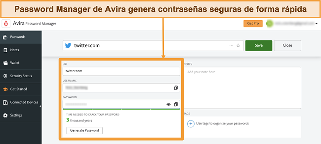 Captura de pantalla de Avira Password Manager ejecut&aacute;ndose en Mac