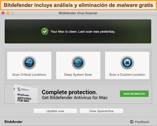 Captura de pantalla del panel de la aplicaci&oacute;n Bitdefender en Mac