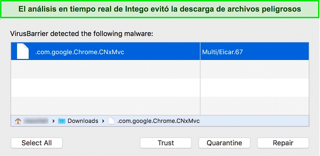 Captura de pantalla del esc&aacute;ner en tiempo real de Intego que bloquea la descarga de un archivo malicioso