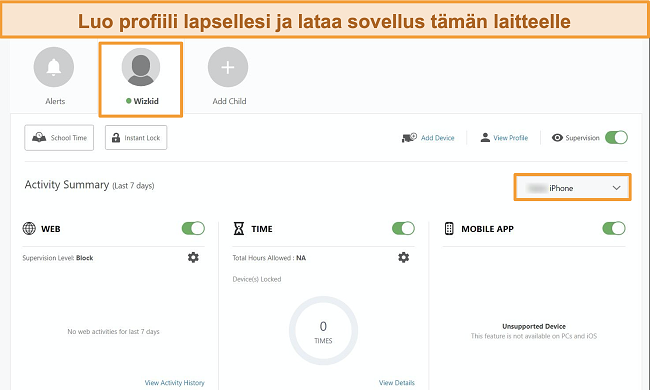 N&auml;ytt&ouml;kuva Norton Family Portalista, jossa on luotu lapsiprofiili.