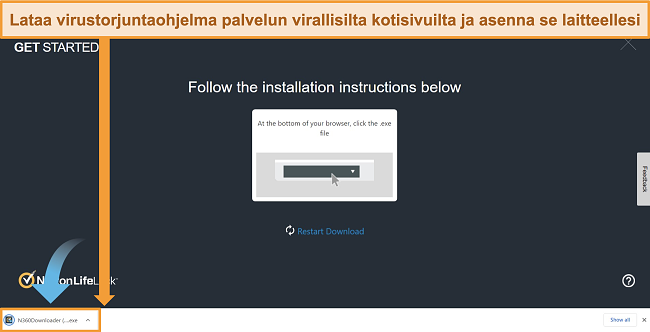 N&auml;ytt&ouml;kuva Norton 360 -sivustosta, joka aloittaa lataus- ja asennusprosessin.