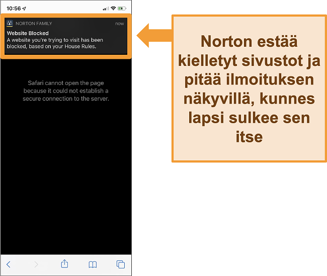 N&auml;ytt&ouml;kuva Norton-virustorjunnasta, jossa lapsilukko on aktivoitu iPhonessa ja joka est&auml;&auml; kielletyt verkkosivustot
