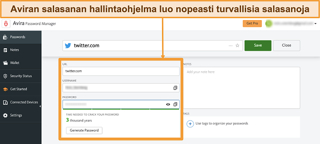 N&auml;ytt&ouml;kuva Avira Password Managerista, joka toimii Macissa