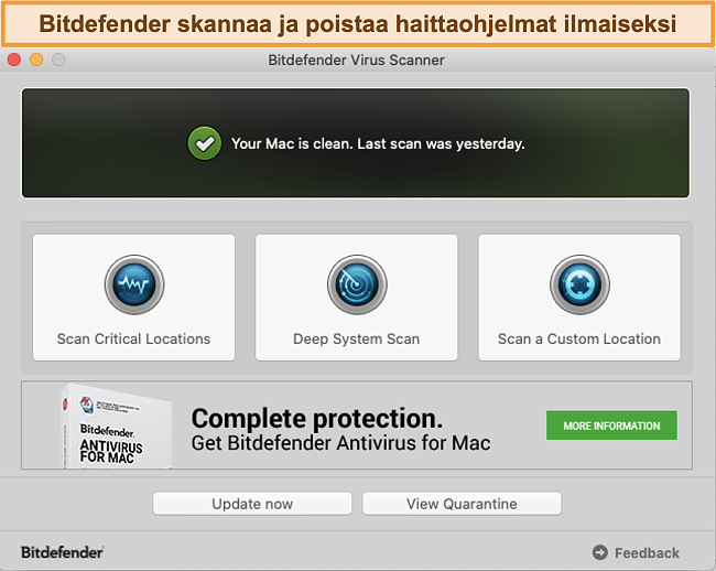 N&auml;ytt&ouml;kuva Bitdefender-sovelluksen hallintapaneelista Macissa