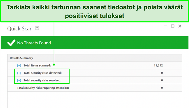 Kuvakaappaus tartunnan saaneiden tiedostojen luettelon tarkistamisesta t&auml;yden tarkistuksen j&auml;lkeen