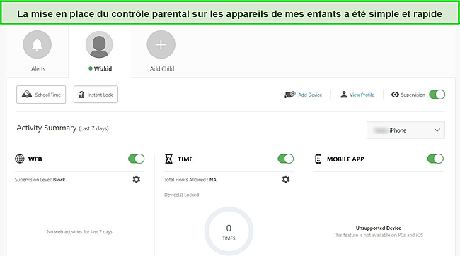 Capture d'&eacute;cran du tableau de bord du contr&ocirc;le parental de Norton sous Windows.