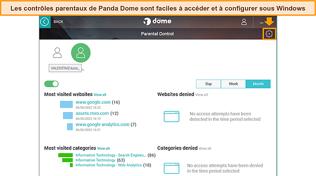 Capture d'&eacute;cran de la fonction de contr&ocirc;le parental de Panda Dome, montrant le tableau de bord et l'ic&ocirc;ne de rouage pour configurer les param&egrave;tres.