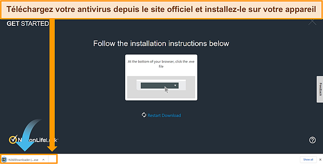 Capture d'&eacute;cran du site Web de Norton montrant comment t&eacute;l&eacute;charger l'antivirus sur votre appareil.