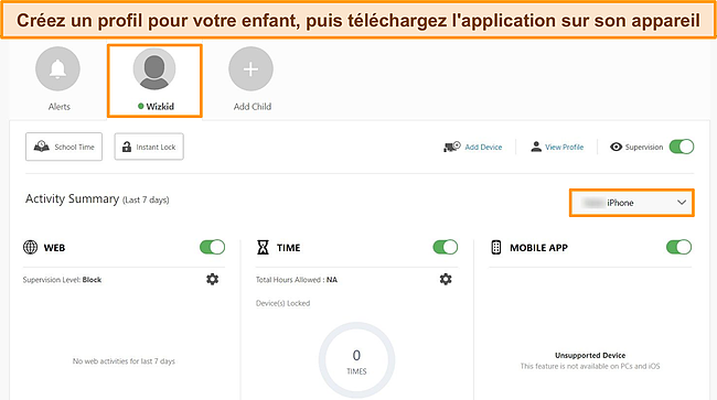 Capture d'&eacute;cran du tableau de bord des contr&ocirc;les parentaux de Norton, mettant en &eacute;vidence le profil de l'enfant et l'appareil sur lequel les contr&ocirc;les parentaux ont &eacute;t&eacute; t&eacute;l&eacute;charg&eacute;s.