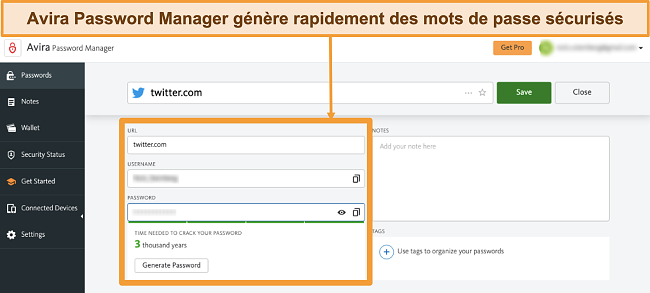 Capture d'&eacute;cran d'Avira Password Manager s'ex&eacute;cutant sur Mac