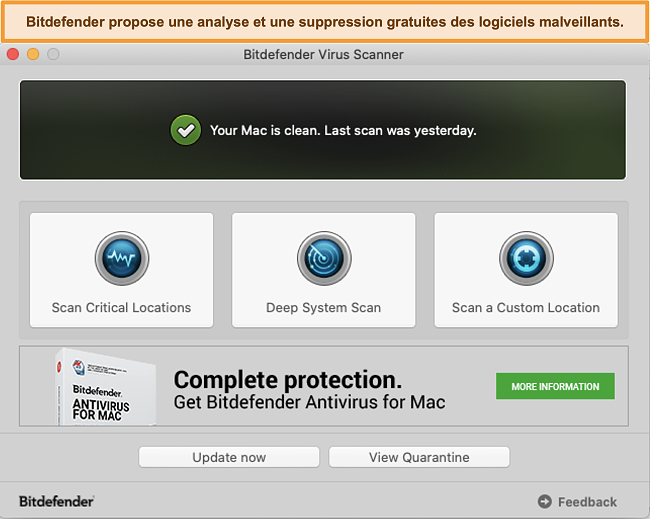 Capture d'&eacute;cran du tableau de bord de l'application Bitdefender sur Mac
