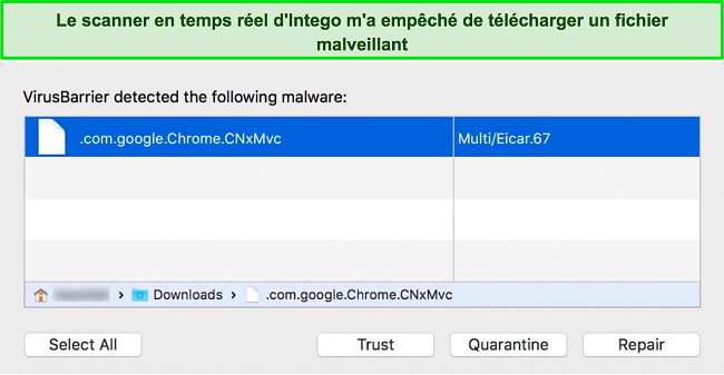 Capture d'&eacute;cran du scanner en temps r&eacute;el d'Intego emp&ecirc;chant le t&eacute;l&eacute;chargement d'un fichier malveillant