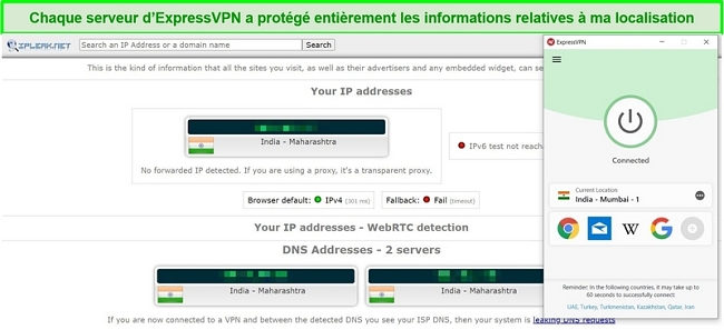 Capture d'&eacute;cran d'un test de fuite IP et DNS sur le serveur ExpressVPN en Inde