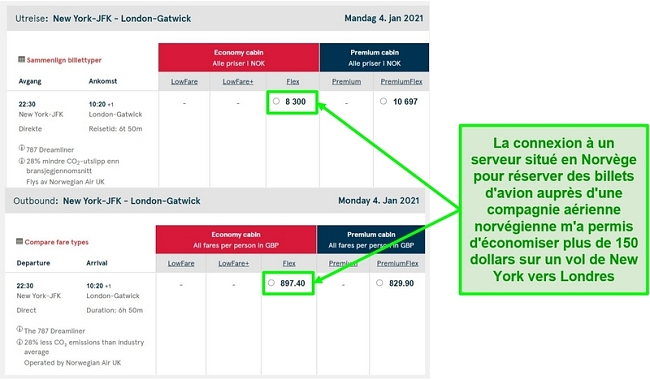 Comparaison des prix des vols New York-Londres montrant des diff&eacute;rences lorsqu'ils sont connect&eacute;s &agrave; des serveurs en Norv&egrave;ge et au Royaume-Uni
