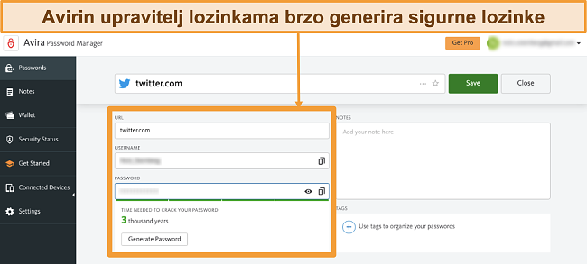 Snimka zaslona Avira Password Manager koji se izvodi na Macu