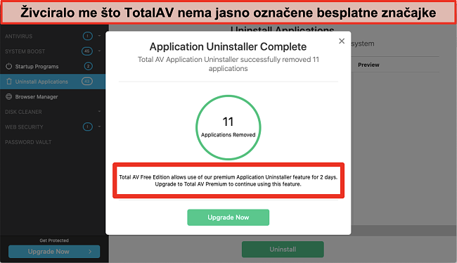 Snimak zaslona poku&scaron;aja nadogradnje programa za uklanjanje programa TotalAV