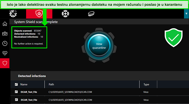Snimka zaslona iolove Windows aplikacije koja prikazuje dovr&scaron;eno skeniranje System Shielda s nekoliko otkrivenih testnih datoteka zlonamjernog softvera.