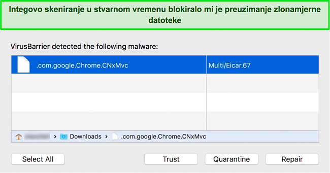 Snimka zaslona Integovog skenera u stvarnom vremenu koji blokira preuzimanje zlonamjerne datoteke