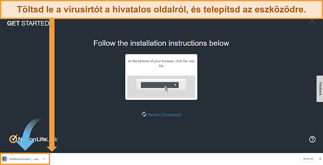 Pillanatk&eacute;p a Norton 360 webhelyről, amely elind&iacute;tja a let&ouml;lt&eacute;si &eacute;s telep&iacute;t&eacute;si folyamatot.