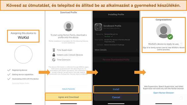 Pillanatk&eacute;pek a Norton Family telep&iacute;t&eacute;si folyamat&aacute;r&oacute;l az iPhone k&eacute;sz&uuml;l&eacute;ken