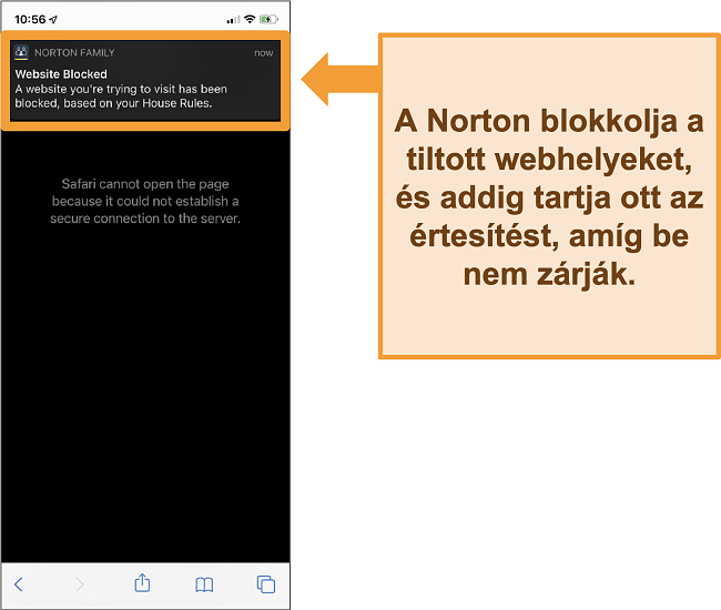 Pillanatk&eacute;p a Norton antiv&iacute;rusr&oacute;l az iPhone-on aktiv&aacute;lt sz&uuml;lői fel&uuml;gyelettel &eacute;s a tiltott webhelyek blokkol&aacute;s&aacute;val