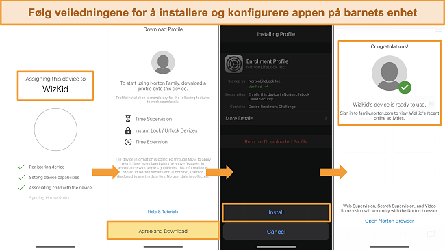Skjermbilder av installasjonsprosessen for Norton Family p&aring; iPhone