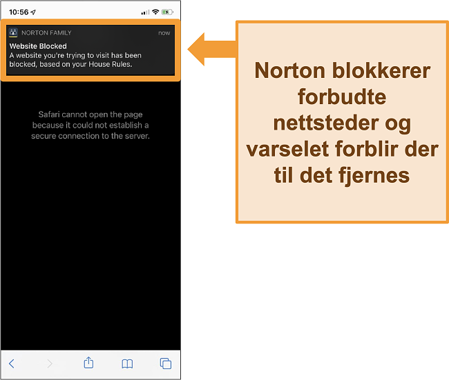 Skjermbilde av Norton antivirus med foreldrekontroll aktivert p&aring; iPhone og blokkerer forbudte nettsteder