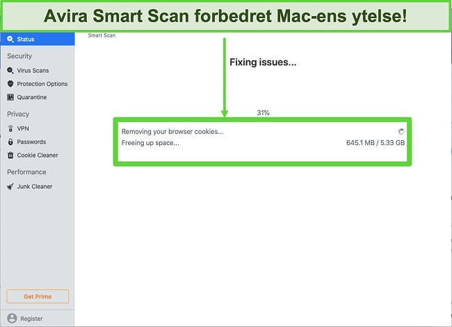 Skjermbilde av Avira Smart Scan som kj&oslash;rer p&aring; Mac