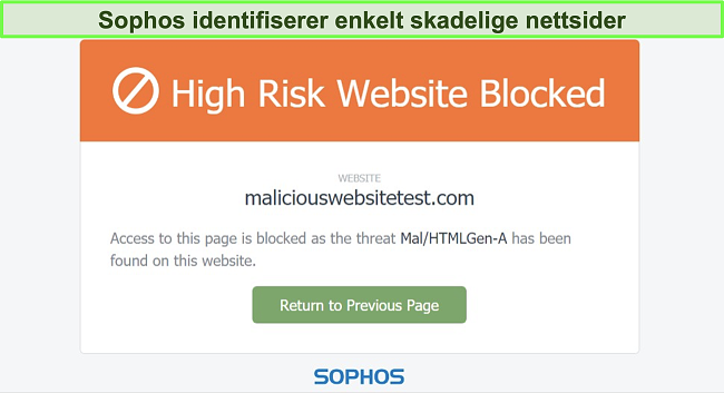 Skjermbilde av Sophos Web Protection som blokkerer et h&oslash;yrisiko nettsted
