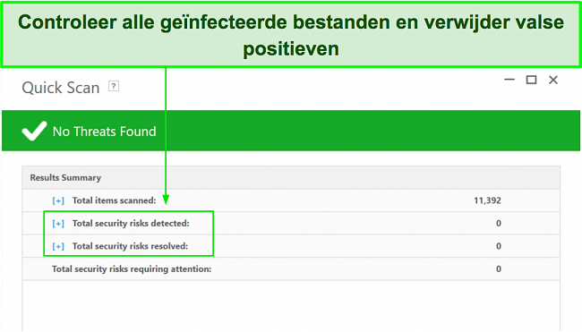 Screenshot van waar de lijst met ge&iuml;nfecteerde bestanden kan worden gecontroleerd na volledige scan