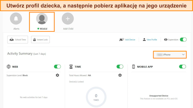 Zrzut ekranu pokazujący, jak utworzyć profil dziecka dla kontroli rodzicielskiej Norton