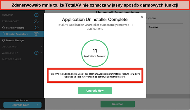 Zrzut ekranu z pr&oacute;bą sprzedaży produktu TotalAV Application Uninstaller