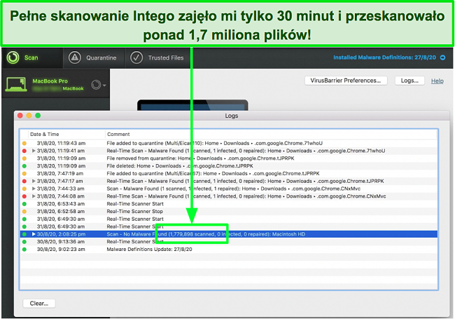 Zrzut ekranu pełnych wynik&oacute;w skanowania Intego